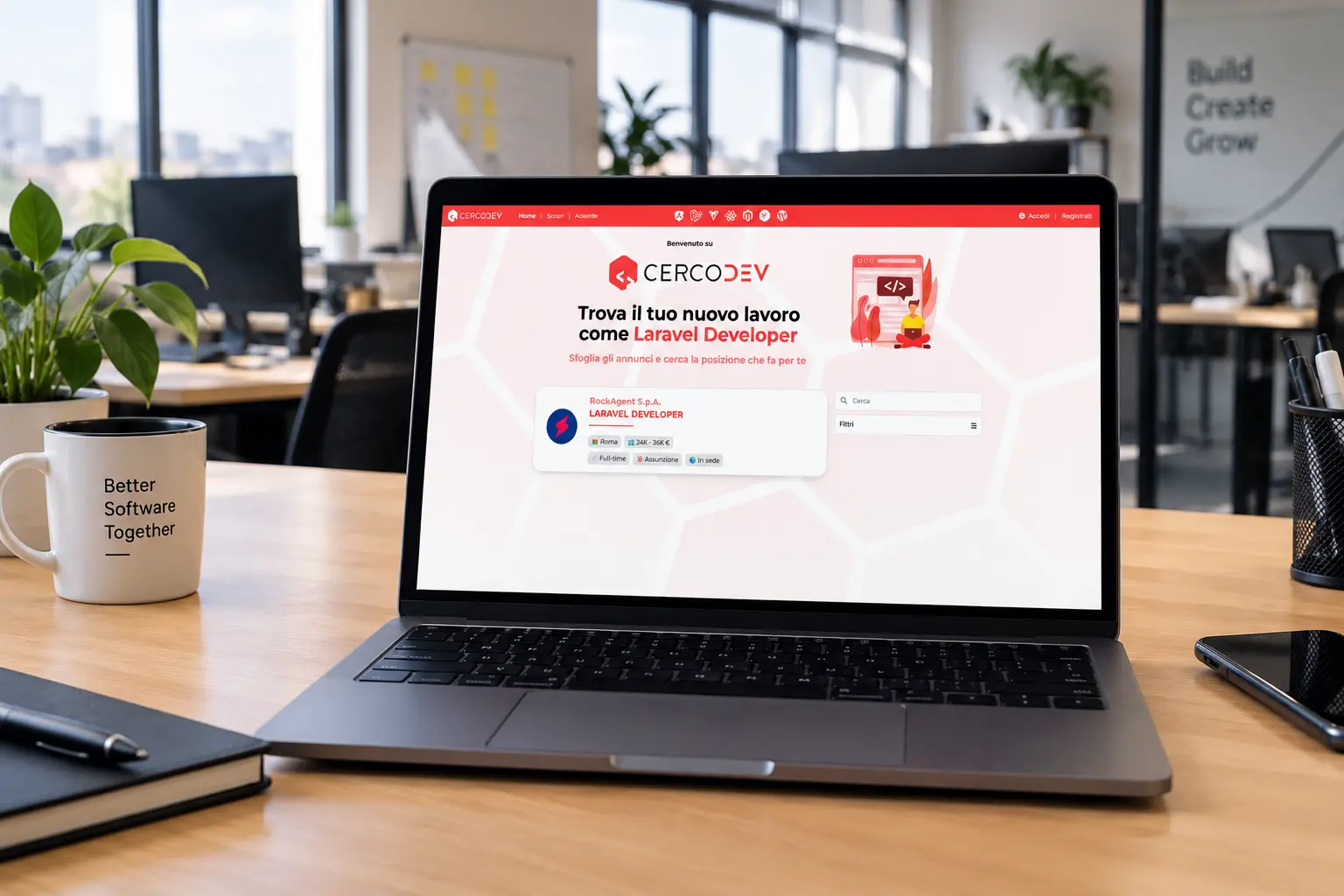 Mockup di CercoDEV, portale di annunci di lavoro per sviluppatori, su desktop e smartphone